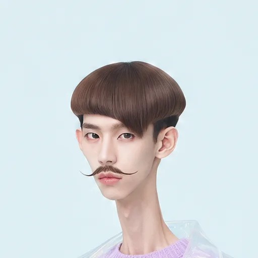 V4GN3R head and shoulders on powder blue: brown bowl cut, curled mustache, deadpan stare.