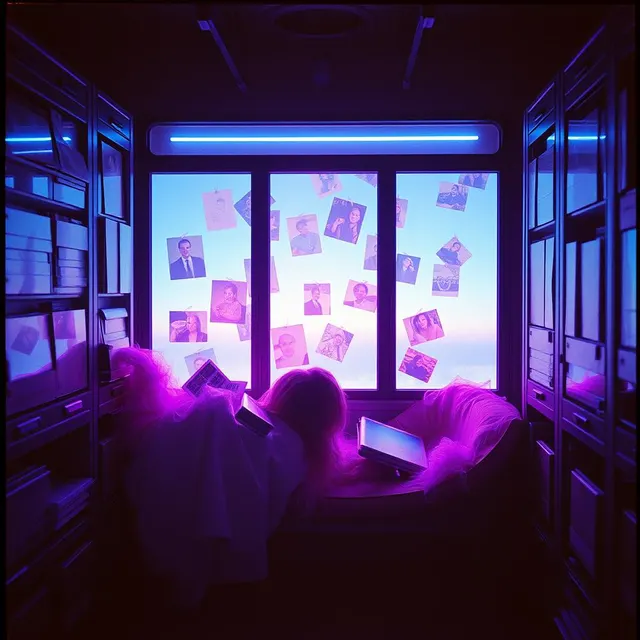 Weights of the World cover: a cramped server room lit violet, a pink-haired figure slumped among glowing tablets, faded photos of strangers taped across the window.
