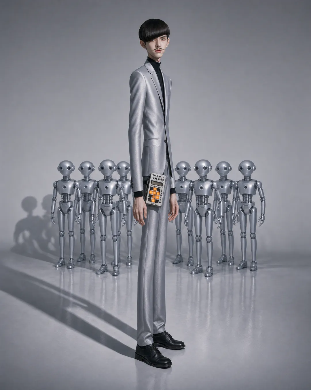 V4GN3R in a silver suit on a grey studio floor, a sampler with orange pads strapped to his hip, a formation of small silver robots behind him.